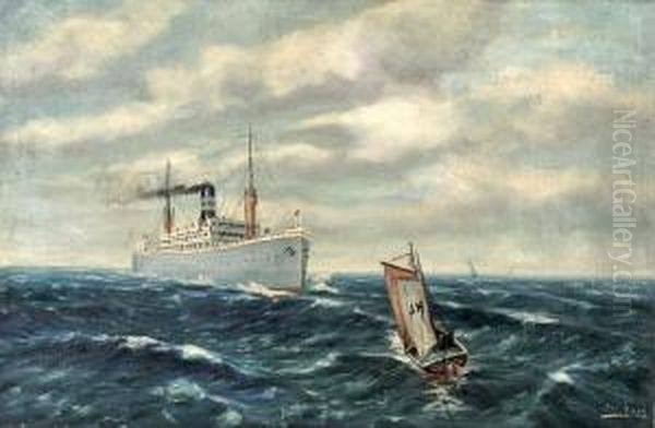 Passagierdampfer Und Fischerboot Auf Der Nordsee Oil Painting by Josef Horn