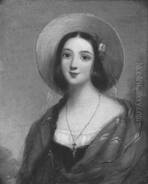 A Portrait Of A Young Girl, A 
Red And Gold Shawl Around Her Shoulders And Wearing A Bonnet And A 
Flower In Her Dark Hair Oil Painting by John Callcott Horsley