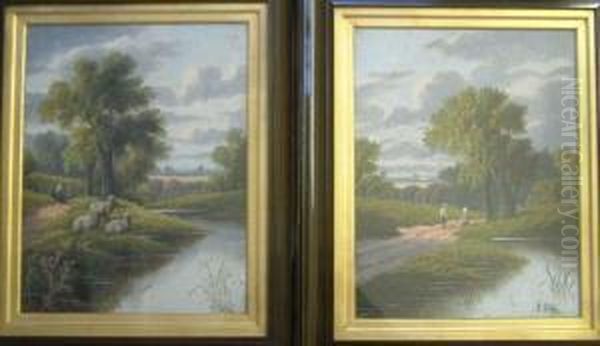 River Landscapes With Sheep And Figures Oil Painting by Etty Horton