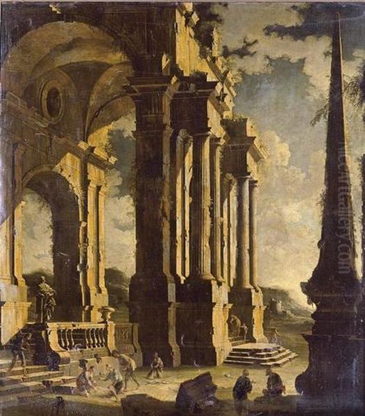 A Capriccio Of Classical Ruins With Figures Oil Painting by Leonardo Coccorante
