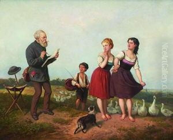 Ein Maler, Der Zwei Landmadchen In
 Sein Skizzenbuch Zeichnet. Oil Painting by Theodor Hosemann