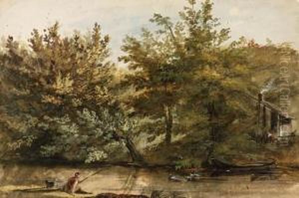 Trees On The Bank Of A River, A 
Fisherman In The Foreground And Afarmhouse In The Background Oil Painting by Jean-Pierr Houel
