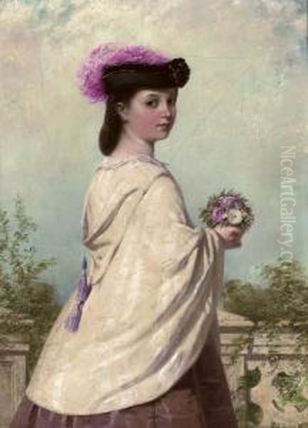 Portrait Of A Young Girl, 
Three-quarter-length, In A White Cloak, Holding A Posy Of Flowers On A 
Terrace Oil Painting by John Adam P. Houston
