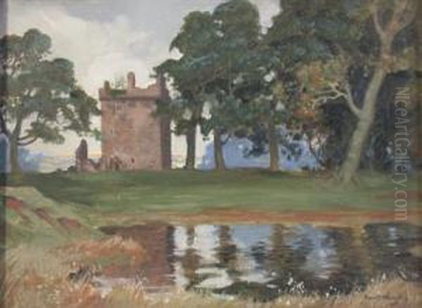 Landscape With Pool, Trees And Castle Oil Painting by Robert Houston
