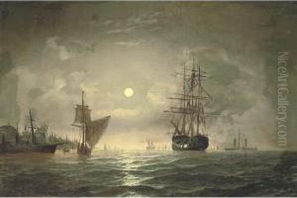 An Armed Merchantman And Other 
Shipping In The Bosphorous Offconstantinople, By Moonlight Oil Painting by Edward Hoyer
