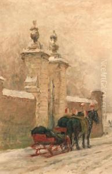 The Barouche Of Prince Hendrik 
At The Back Entrance Of The Royalpalace Huis Ten Bosch, The Hague Oil Painting by Jan Hoynck Van Papendrecht