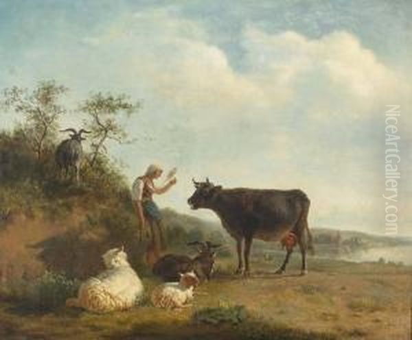 Zugeschrieben
Hirtin Mit Vieh In Einer Flusslandschaft. Oil Painting by Jean Daniel Huber