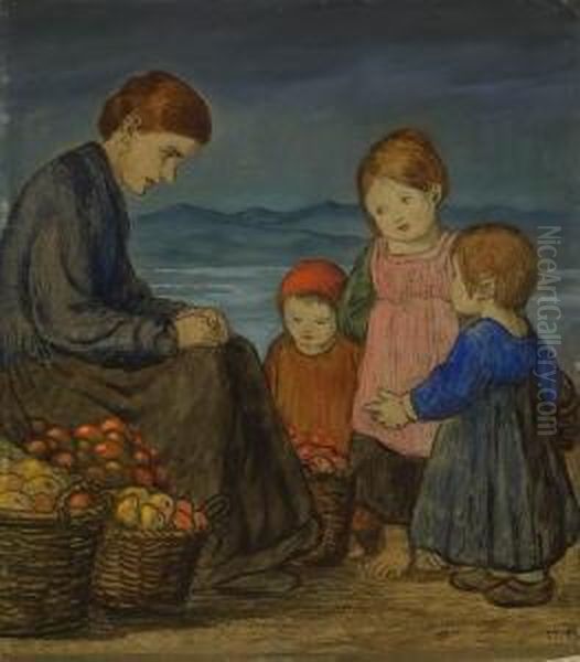 Obstverkauferin Mit
 Kindern. Oil Painting by Hans Huber-Sulzemoos