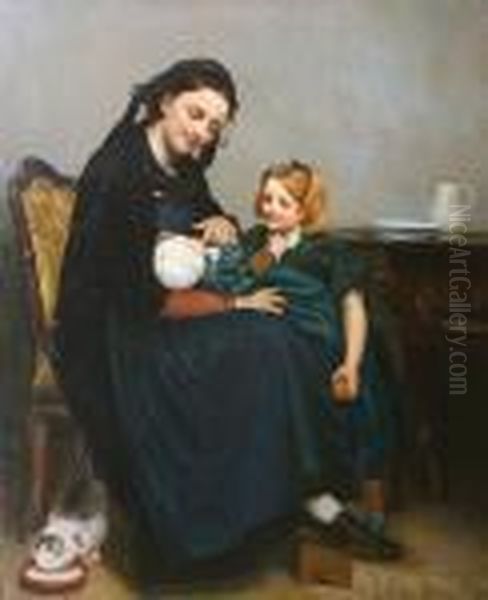 A Mother With Her Children And A Cat Oil Painting by Julius Hubner
