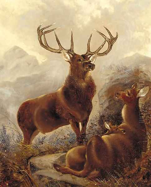 A stag with doe in a highland landscape Oil Painting by Robert Cleminson