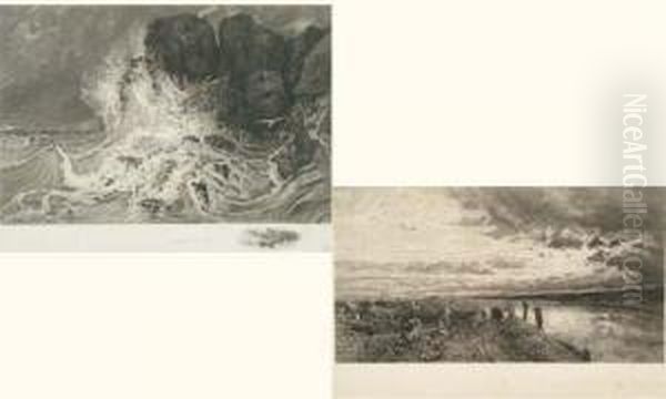 L'inondation De Saint-cloud - 
Les Brisants A Granville - Le Matin A Seine-port - Pecheur Au Torrent - 
Cerfs Au Bord De L'eau Oil Painting by Paul Huet