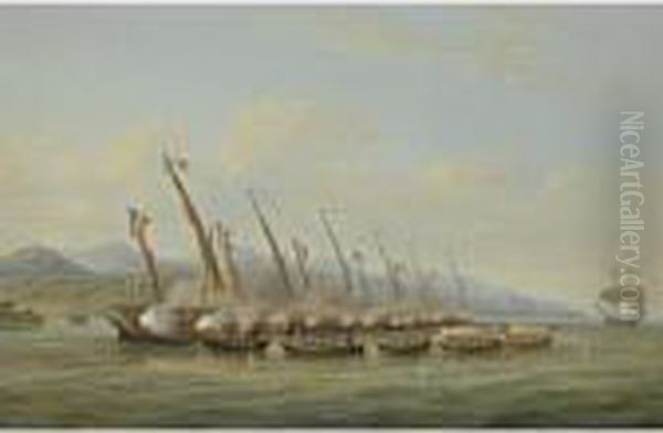 The Boats Of H.m.s Sloop Procris
 (10 Guns) Engaging French Gunboatsoff The Mouth Of The Indramayo, Java Oil Painting by William Huggins