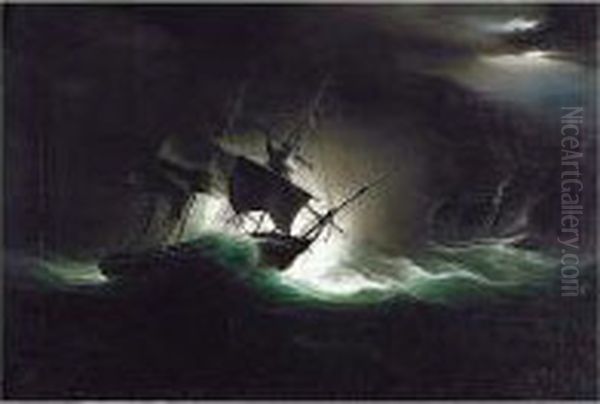 The Royal George On Her Return 
From Ireland With His Late Majesty On Board And The Liffey Frigate Taken
 Aback (showing A Blue Light) Off The Entrance Of The Bristol Channel At
 2 O'clock On The Morning Of 12th September 1821 Oil Painting by William Huggins