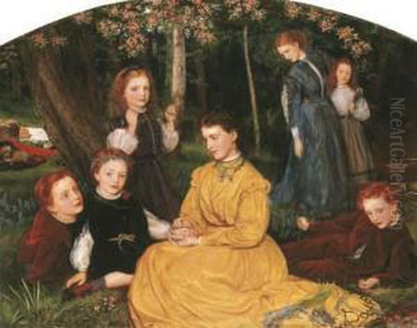 A Birthday Picnic - Portraits Of
 The Children Of William And Anne Pattinson Of Felling, Near Gateshead Oil Painting by Arthur Hughes
