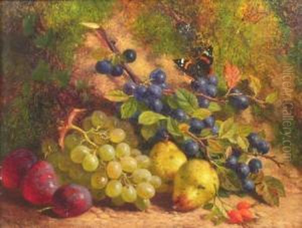 Still Life With Damsons, 
Whitegrapes, Plums, Pears And A Red Admiral Butterfly On A Mossy Oil Painting by William Hughes