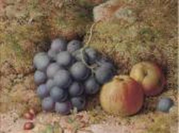 Still Life Of Grapes And An Apple On A Mossy Bank Oil Painting by William Hughes