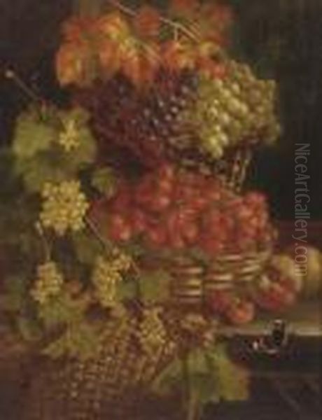Grapes, Strawberries, 
Whitecurrants, Peaches, And A Red Admiral Butterfly, On A Wooden Ledge Oil Painting by William Hughes