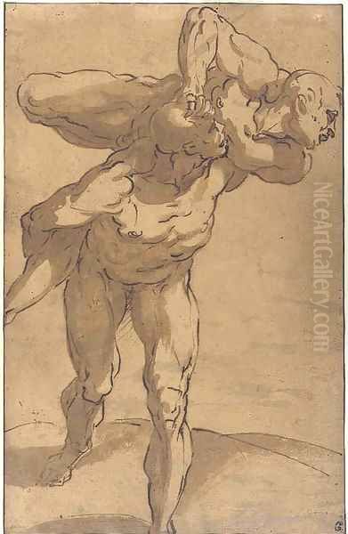 A man carrying another on his shoulders Oil Painting by Luca Cambiaso