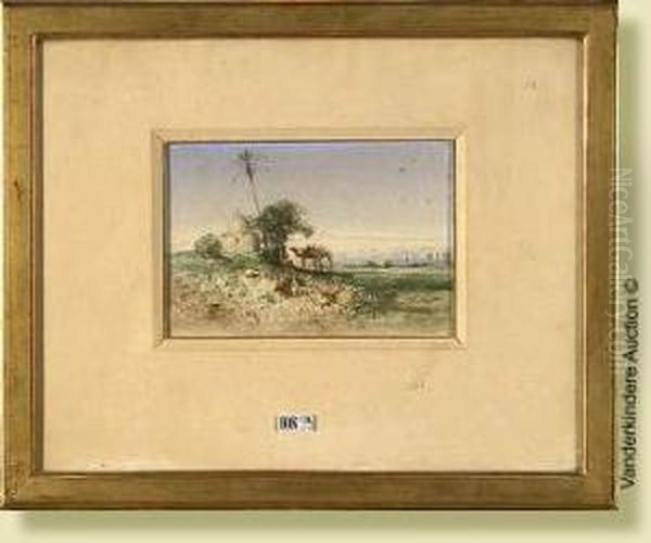 Lahalte Au Tombeau Du Marabout, 
Aquarelle Sur Papier. Signee En Bas Adroite V. Huguet. Ecole Francaise. 
Dim.: 14,5x21cm. Oil Painting by Victor Pierre Huguet