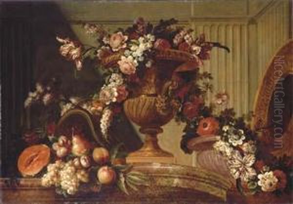 Roses, Tulips, Peonies, Mallows 
And Other Flowers In A Sculptedurn, With Grapes, Peaches, Plums, A 
Melon, A Pear And A Silver Giltsalver On A Marble Ledge Oil Painting by Pierre-Nicolas Huillot