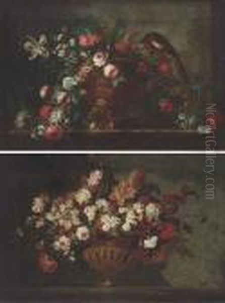 Mixed Flowers In An Urn With A 
Parrot And A Hawk On A Ledge; Andmixed Flowers In An Urn On A Ledge Oil Painting by Pierre-Nicolas Huillot