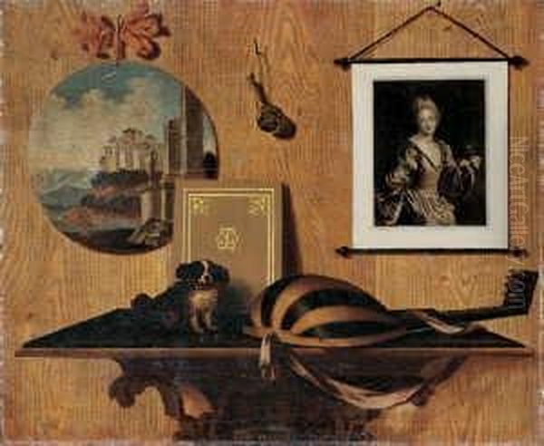 Trompe-l'oeil-stilleben Mit 
Einer Laute Und Einem Hundchen Auf Einem Konsoltisch. An Der Wand Ein 
Gemalde Und Ein Stich Nach J.b. Santerre. Oil Painting by Pierre-Nicolas Huillot