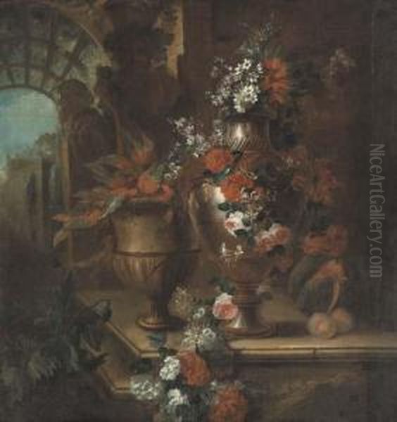 Roses, Poppies, Honeysuckle, 
Hollyhocks, Morning Glory, Peonies,narcissi And Other Flowers In A Vase,
 With Foliage In An Urn And Amelon And Peaches On A Stone Ledge, A 
Garden Beyond Oil Painting by Pierre-Nicolas Huillot