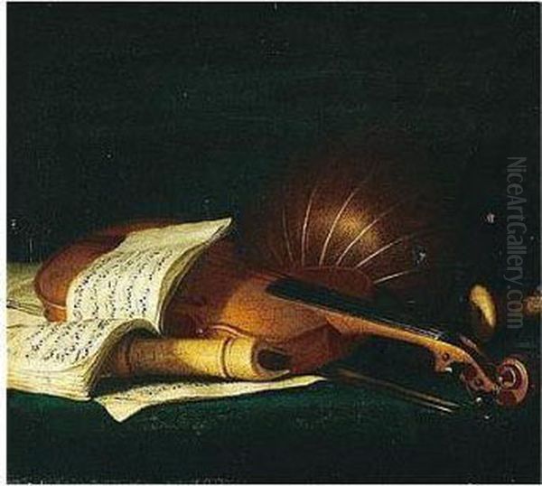 Still Life Of A Violin And Bow, 
Together With A Recorder, A Lute And An Open Music Score Upon A Table 
Top Oil Painting by Pierre-Nicolas Huillot