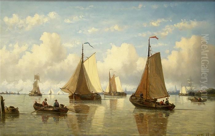 Hollandischemeereskuste Mit 
Zahlreichen Fischerbooten, Im Hintergrundsilhouette Einer Stadt Oil Painting by Hendrik Hulk