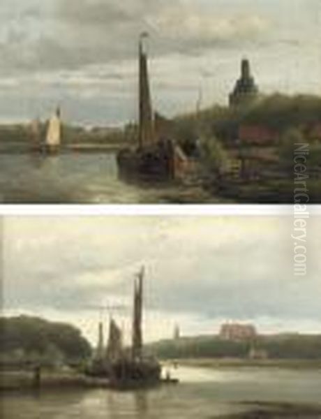 Boats Near Enkhuizen With The 
Dromedaris In The Background; And A Riverlandscape At Sunset With The 
Zuidertoren, Enkhuizen Oil Painting by Hendrik Hulk