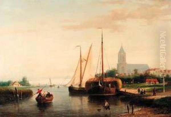 A Moored Haybarge And Other 
Shipping By A Bleach-field, In Theharbour Of Monninckendam (?) Oil Painting by Johannes Frederik Hulk, Snr.