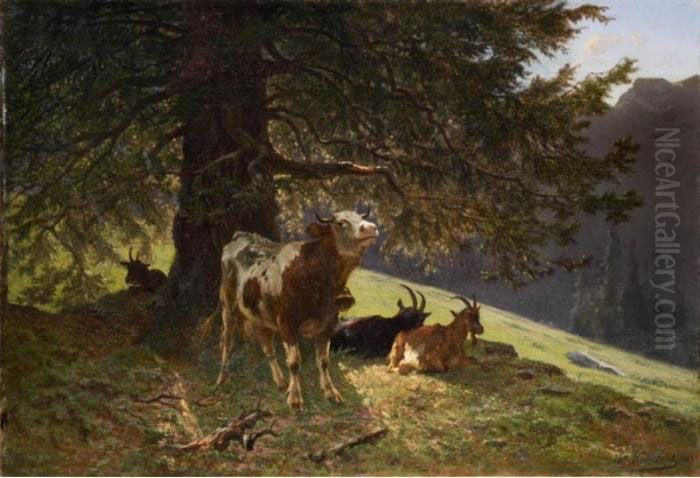 Paysage Avec Une Vache Et Chevres, 1863 
Landscape With A Cow And Goats, 1863 Oil Painting by Charles Humbert