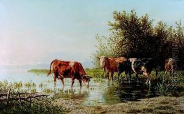 Kuhe Im Seichten Flusswasser. Oil Painting by Charles Humbert