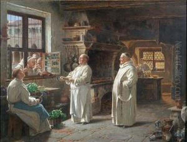 A Monastery Kitchen With Monk 
Inviting Three Others, At The Window, To Inspect Their Meal, Signed Oil Painting by Adolf Humborg