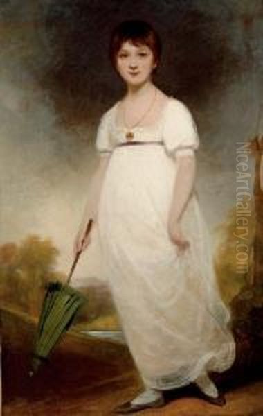 The Rice Portrait Of Jane Austen
 (1775-1817), Full-length, In A White Dress, Holding A Green Parasol In A
 Landscape Oil Painting by Ozias Humphrey