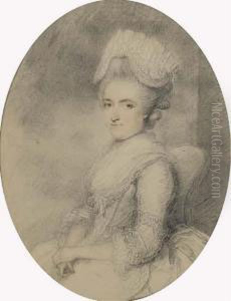 Portrait Of A Lady, Small 
Half-length, Seated, In White Dress With A Shawl, In Elaborate Headdress Oil Painting by Ozias Humphrey