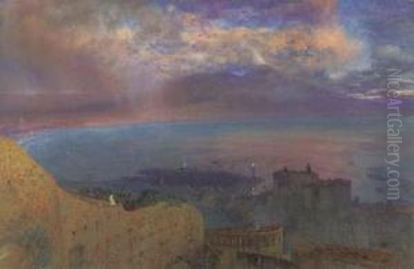 Naples: 'a Land Of Smouldering 
Fire' View Looking From Naplesacross The Bay To Vesuvius In Eruption, 
Evening Sky Oil Painting by Alfred William Hunt