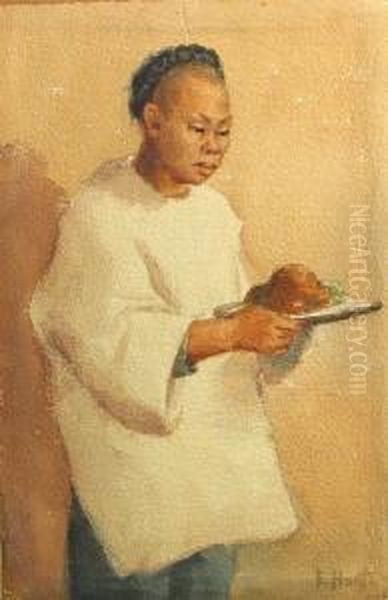 Chinese Girl Holding A Dish; Chinese Man Ironing (a Pair) Oil Painting by Esther Anna Hunt
