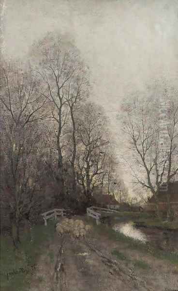 Sheep on a sandy path by a bridge Oil Painting by Fredericus Jacobus Van Rossum Chattel