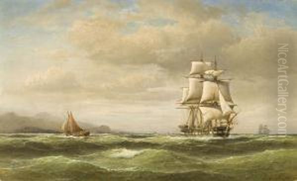 Wybrzeze Z Zaglowcami Oil Painting by Franz Johann (Wilhelm) Hunten