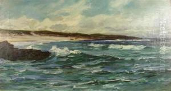 Waves Breaking With Figures On The Beach Oil Painting by Colin Hunter