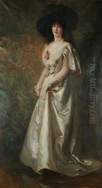 Portrait Of A Young Woman, Full Length, Wearing A White Dress And A Black Hat Oil Painting by John Young Hunter