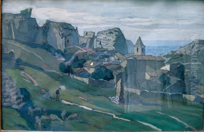 Berger Et Son Troupeau Aux Abords Du Village Oil Painting by Joseph Hurard