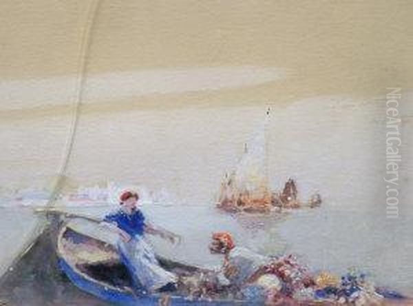 American,-- Figures And Fishing Vessels In The Venetian Lagoon; Gouache, Signed, 32x39cm Oil Painting by Hal Hurst