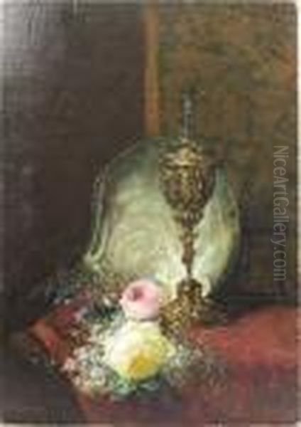 A Still Life Of A Silver-gilt 
Cup, A Mother Of Pearl Shell, A Casket And Flowers On A Draped Table Oil Painting by Francois-Joseph Huygens