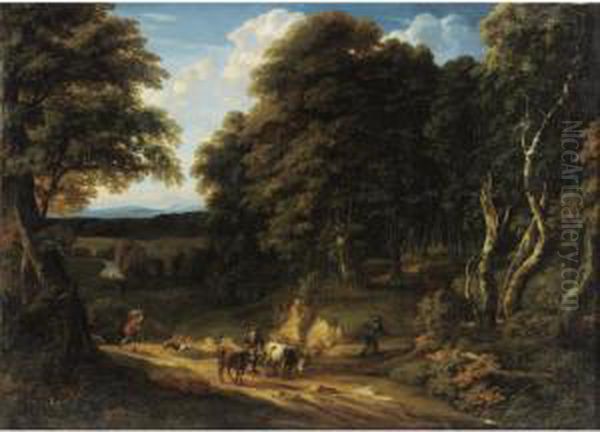 A Wooded Landscape With A Drover
 And Two Heifers On A Road, Two Anglers On The Bank Of A River Beyond Oil Painting by Cornelis Huysmans