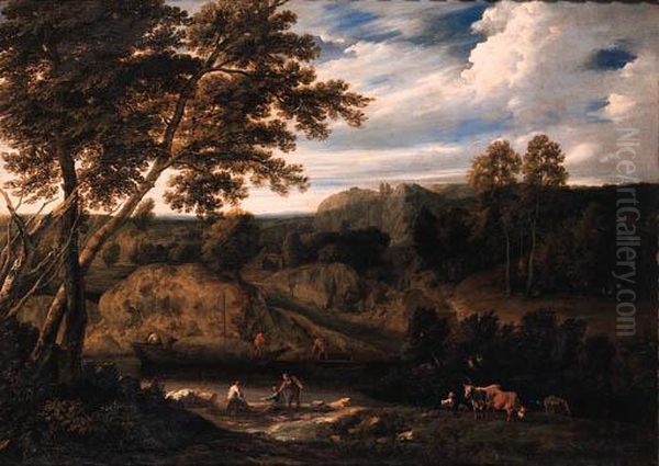Fishermen On A River Bank With A
 Peasant Woman And Cattle In Ameadow, A Haybarge Near A Landing Stage, 
In An Italianatelandscape Oil Painting by Cornelis Huysmans