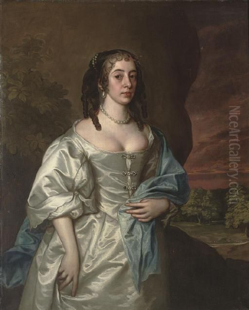Portrait Of A Lady Of The 
Osborne Family, Three-quarter-length, In An Oyster Satin Dress And Blue 
Wrap, With Pearl Ornaments, A Landscape Beyond Oil Painting by Jacob Huysmans