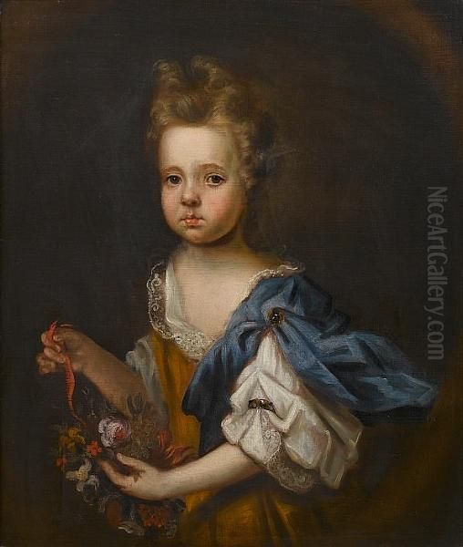 Portrait Of A Young Girl, 
Three-quarter-length, In A Yellow Dress And Blue Shawl Holding A Posy Of
 Flowers, Within A Painted Oval Oil Painting by Jacob Huysmans