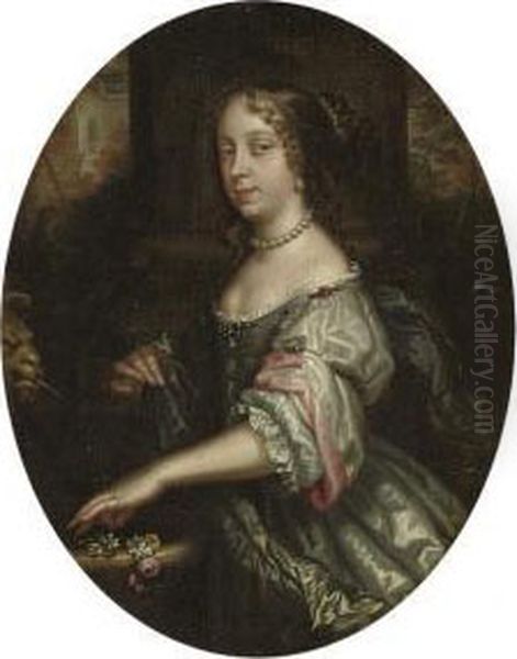 Portrait Of A Lady, 
Three-quarter-length, In An Oyster Satin Dress With Pink Sleeves, Pearl 
Ornaments And A Blue Wrap, Orange Blossom And A Rose In Her Left Hand Oil Painting by Jacob Huysmans